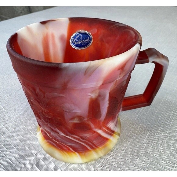 Imperial Glass End Of Day Slag Glass Mug Robins & Flowers Red Yellow White MINT - Picture 1 of 15